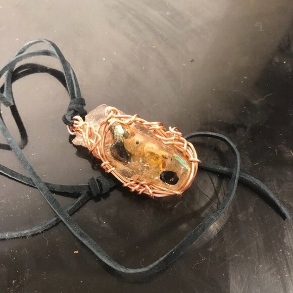 arizona turquoise ethiopian welo opal tourmaline, herkimer quartz Pendant Copper - Picture 2 of 3